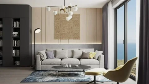 3d illustration. Turn the camera on the window in the living room in a modern in Stock Footage 175360518