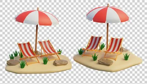 3d illustration of two beach benches and a beach umbrella on an island Stock Illustration