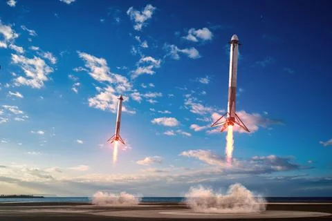 3D illustration of two Falcon Heavy reusable boosters landing simultaneously Stock Illustration