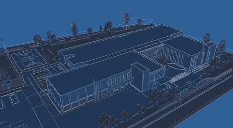 3d illustration of a two floor school building campus Ilustración de archivo