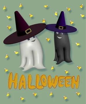 3d illustration of two Ghosts in Wizard hats, Funny monsters. Halloween greet Stock Illustration