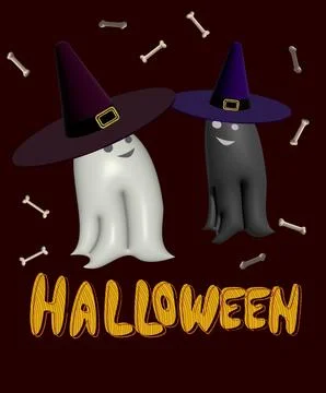3d illustration of two Ghosts in Wizard hats, Funny monsters on bones backgro Stock Illustration