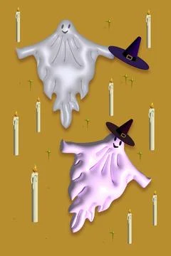 3d illustration of two Ghosts in Wizard hats, Funny monsters on jrange backgr Stock Illustration