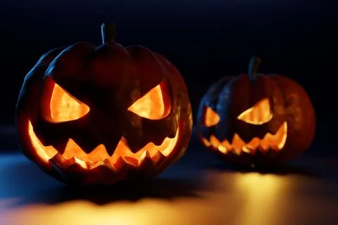 3d illustration two large orange pumpkins with cut out passionate eyes and cr Stock Illustration