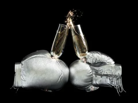 3D illustration of two shiny metallic boxing gloves with glass of champagne. Stock Illustration