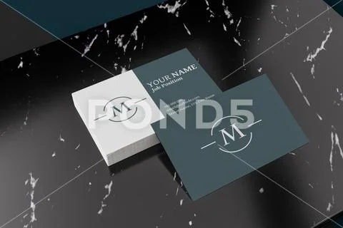 3D Illustration. Two white business cards mockup on black marble. Template for b Modello PSD