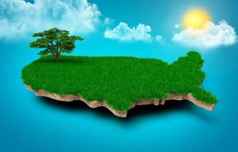 3d illustration of a USA Map, with tree, sun rays on bright blue sky Illustrazione stock