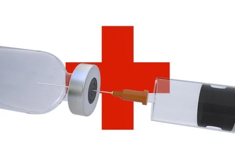3D Illustration vaccine container bottle accompanied by a syringe with Red Cr Stock Illustration