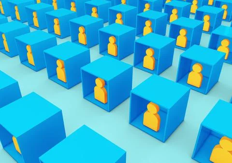 3D illustration of various collaborators or students teaming inside boxes as 스톡 일러스트