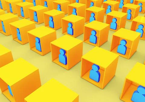 3D illustration of various collaborators or students teaming inside boxes as Illustrazione stock