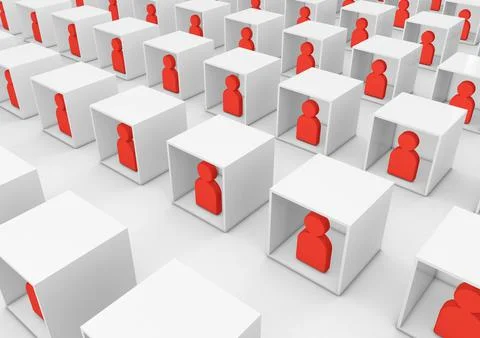 3D illustration of various collaborators or students teaming inside boxes as Stock Illustration