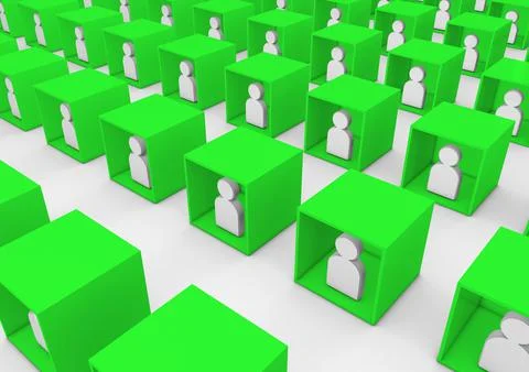 3D illustration of various collaborators or students teaming inside boxes as Stock Illustration