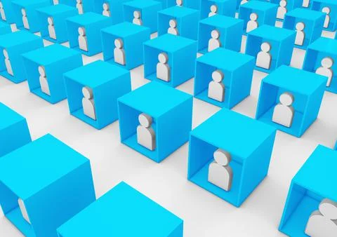 3D illustration of various collaborators or students teaming inside boxes as Illustrazione stock