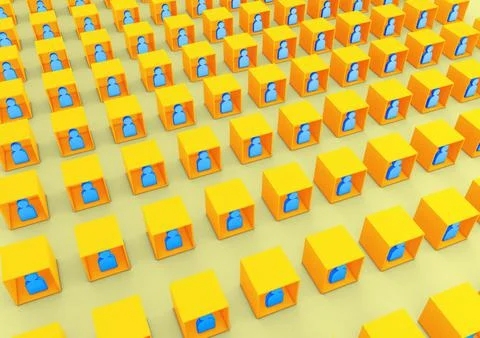 3D illustration of various collaborators or students teaming inside boxes as Illustrazione stock