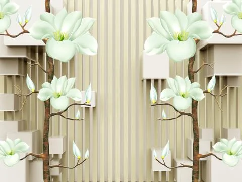 3d illustration, vertical stripes, cubes, light green flowers on brown branches Stock Illustration