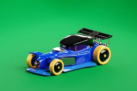 3D illustration of a vibrant, multi-colored retro sports car model on a  gree Stock Photos