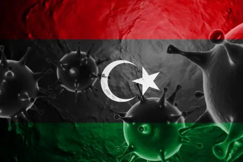 3D ILLUSTRATION VIRUS WITH Libya FLAG, CORONAVIRUS, Flu coronavirus floating, Stock Illustration