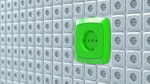 3d illustration of wall power plug sockets with big green ac power socket イラスト素材