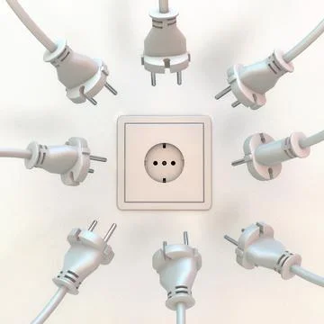 3d illustration of a wall socket with many power plugs around it Stock Illustration
