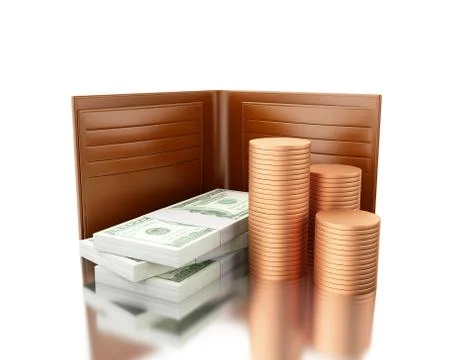 3d illustration. Wallet with stack of bills and coins イラスト素材