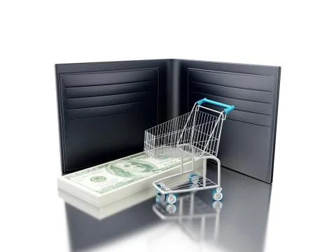 3d illustration. Wallet with stack of bills and shopping cart イラスト素材