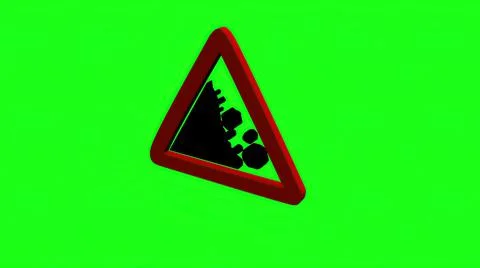 3D illustration - warning sign falling rock on green screen. Stock Illustration
