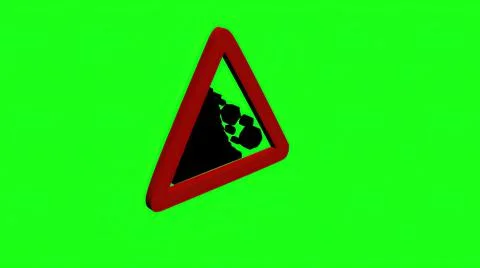 3D illustration - warning sign falling rock on green screen. Stock Illustration
