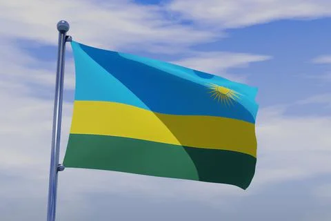 3D illustration of waving flag of Rwanda with a chrome flag pole on blue sky bac Stock Illustration