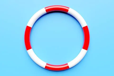 3d illustration of a white and red lifebuoy against a blue  background. Savin Illustrazione stock