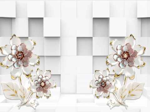 3d illustration, white background, cubes, fabulous gold plated flowers Stock Illustration