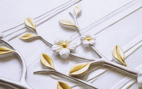 3d illustration, white background, embossed white flowers with golden leaves Stock Illustration