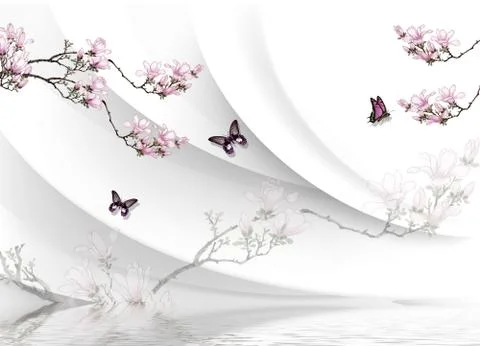 3d illustration, white background, flowering branches, butterflies, water Stock Illustration