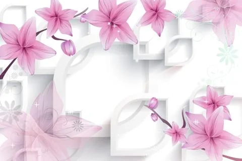 3D illustration, white background, large pink lilies Stock Illustration