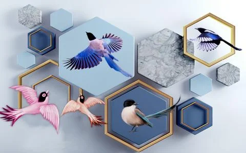 3d illustration, white background, multi-colored hexagons and birds Stock Illustration