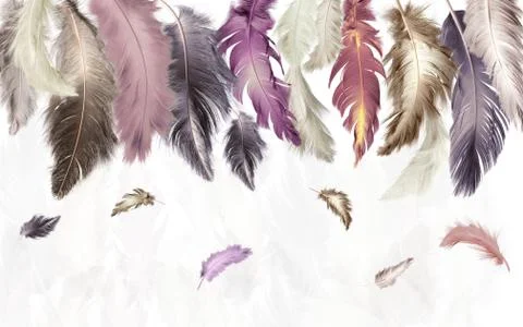 3d illustration, white background, multi-colored feathers of different sizes Stock Illustration