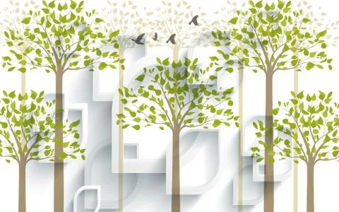 3d illustration, white background, painted trees with leaves, gray birds Stock Illustration