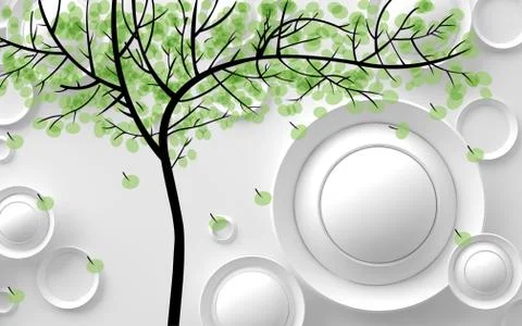 3d illustration, white background, tree with green leaves, white circles Stock Illustration