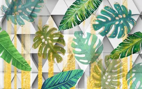 3d illustration, white background with triangles, green tropical leaves Stock Illustration