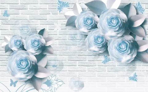 3d illustration, white brick background, light blue roses Stock Illustration