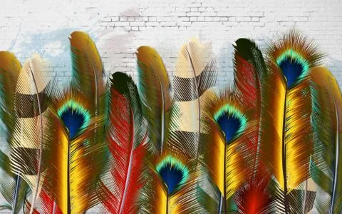 3d illustration, white brick wall, large bright exotic feathers Stock Illustration