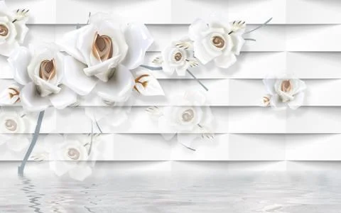 3d illustration, white embossed background, large white roses Stock Illustration