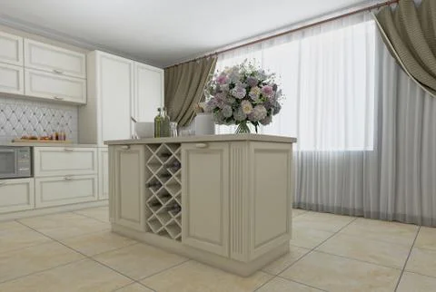 3D illustration of white kitchen in classical style Stockillustratie