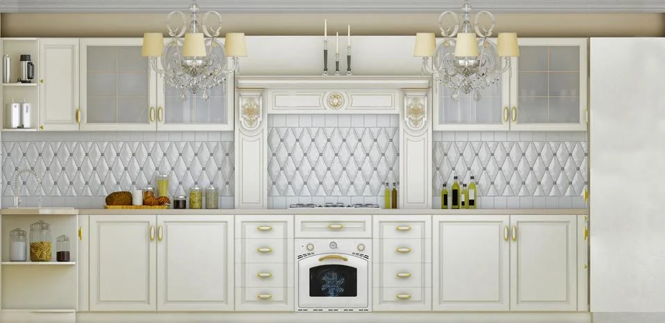 3D illustration of white kitchen in classical style Stock Illustration