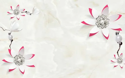 3d illustration, white marble background, pearls, white and pink flowers Stock Illustration