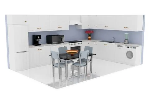 3D illustration. White modular kitchen project 스톡 일러스트