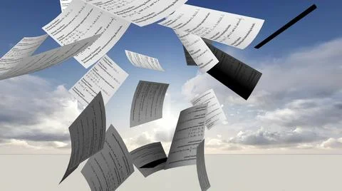 3d illustration - White paper sheets falling on white background イラスト素材