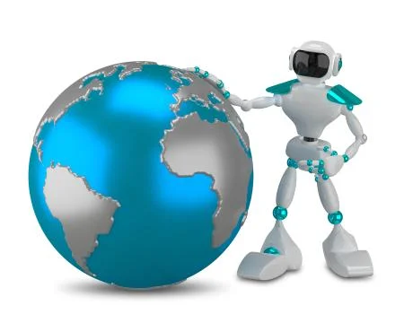 3D Illustration White Robot with Globe Stock Illustration