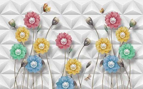 3d illustration, white tiled background, various colorful flowers Stock Illustration
