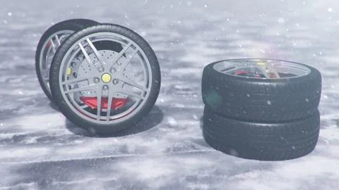 3d illustration Winter tires on a with falling snow background of snow storm Stock Illustration