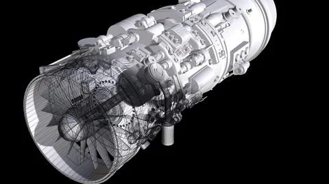 3d illustration - wire frame Airplane Engine Motor With Blades Close-Up. Illustrazione stock